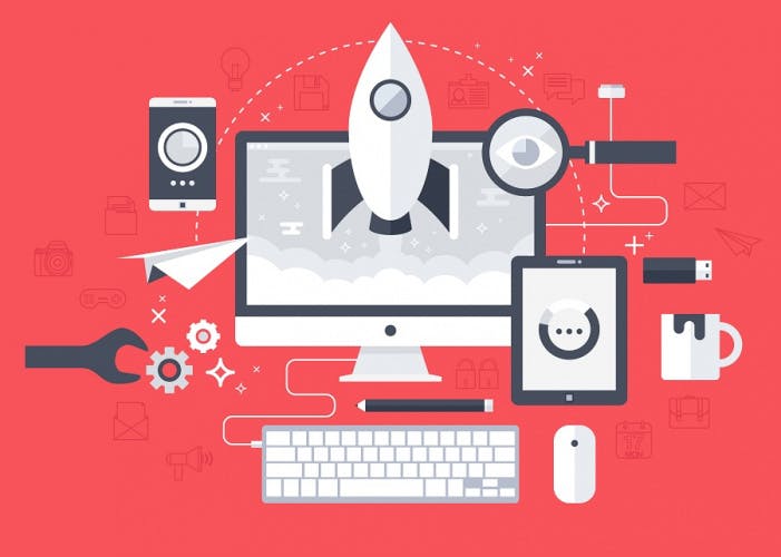 Digital strategy concept illustration featuring a rocket lifting off from a computer screen, magnifying glass, smartphone, tablet, paper aeroplane, keyboard and mouse.
