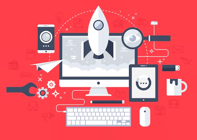 Digital strategy concept illustration featuring a rocket lifting off from a computer screen, magnifying glass, smartphone, tablet, paper aeroplane, keyboard and mouse.