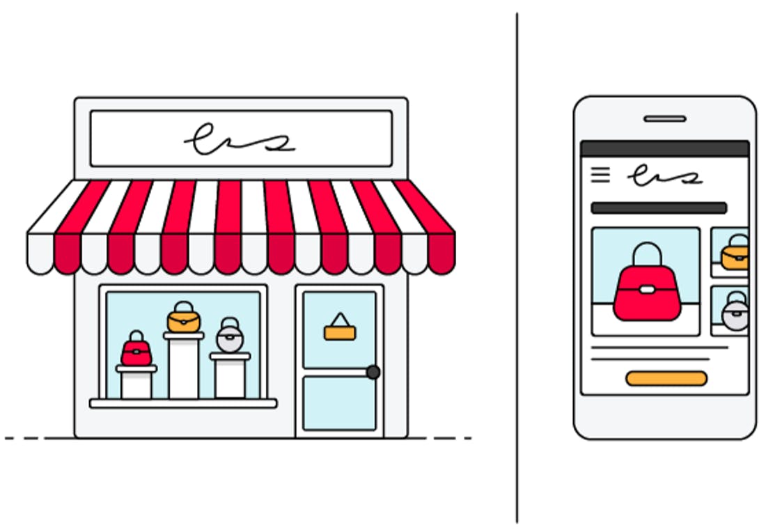An illustration of brick-and-mortar retail and online retail