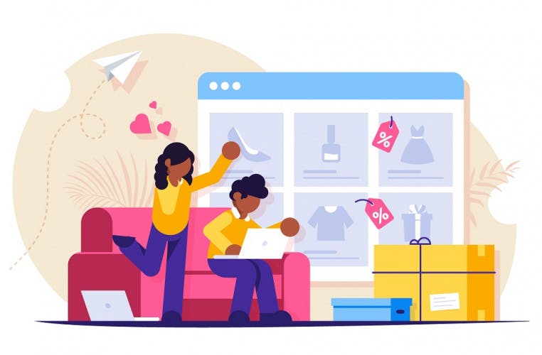 Illustration of a person on a sofa carrying out online shopping while another looks on with hearts above their head. In the background is a webpage with various products.