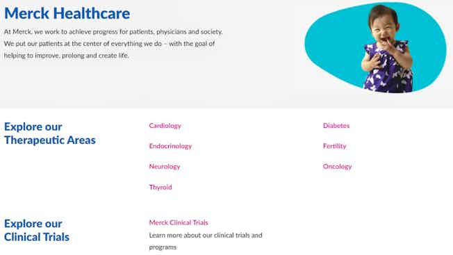 merck healthcare website has text links to therapeutic areas that are easy to navigate with the tab key and accessible