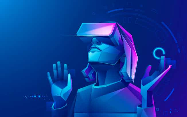 Vector graphic of a person wearing a virtual reality headset and looking up into the distance with their hands raised up.