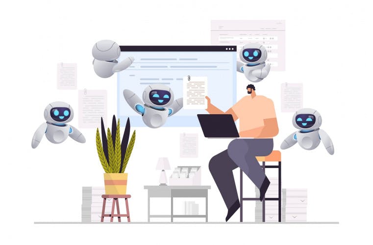 Illustration of a person with a laptop sitting on a high stool and holding out a piece of paper to a cute flying robot. Other flying robots surround the person, two of them holding up a large screen with text on it.