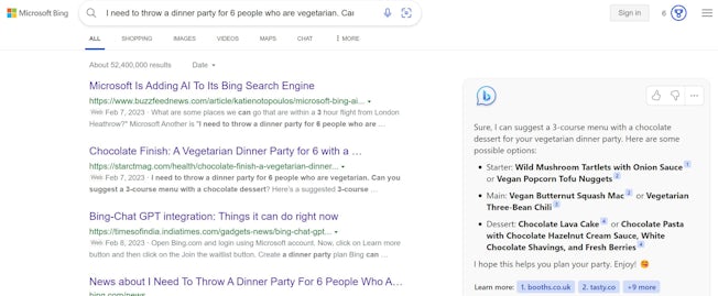 Screenshot of a demo answer from the new Bing Chat, showing the query input into a search bar with regular search results on the left, and on the right, a panel with the Bing chatbot's response. Its suggestions are accompanied by footnoted references to particular sites.