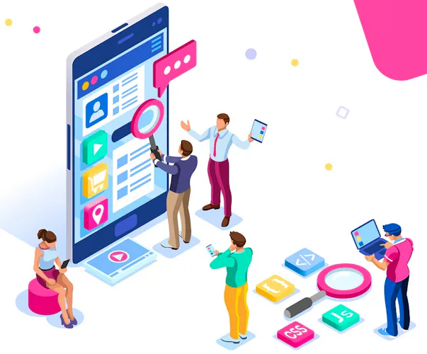 Concept image featuring office workers collaborating around a giant phone screen.