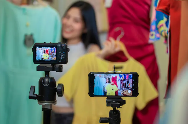 Woman showing off clothes to a camera and smartphone as she livestreams.