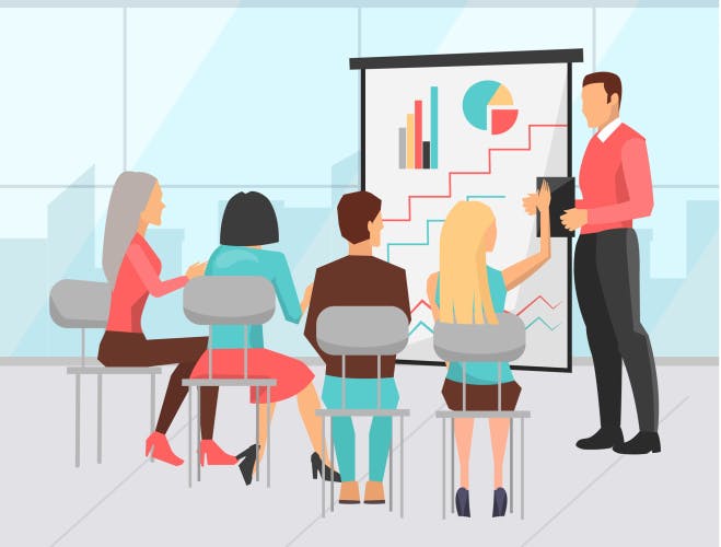 Illustration of a person presenting a slide of graphs and charts to four coworkers. One of the coworkers has their hand in the air.