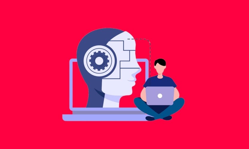 cartoon man on laptop next to large concept of robot brain