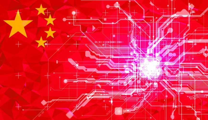 Chinese flag with circuit design overlaid on top.