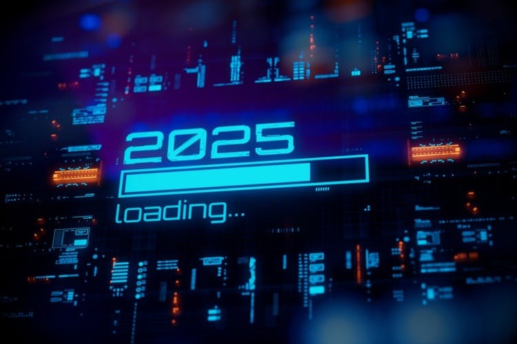 The number 2025 above a loading progress bar, surrounded by lights and circuitboard.