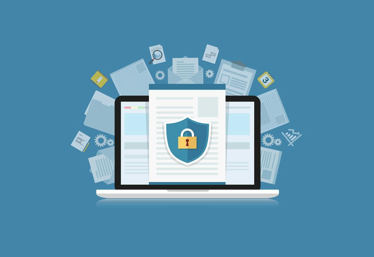 Privacy concept vector graphic showing a laptop displaying a padlock on its screen superimposed on a shield.