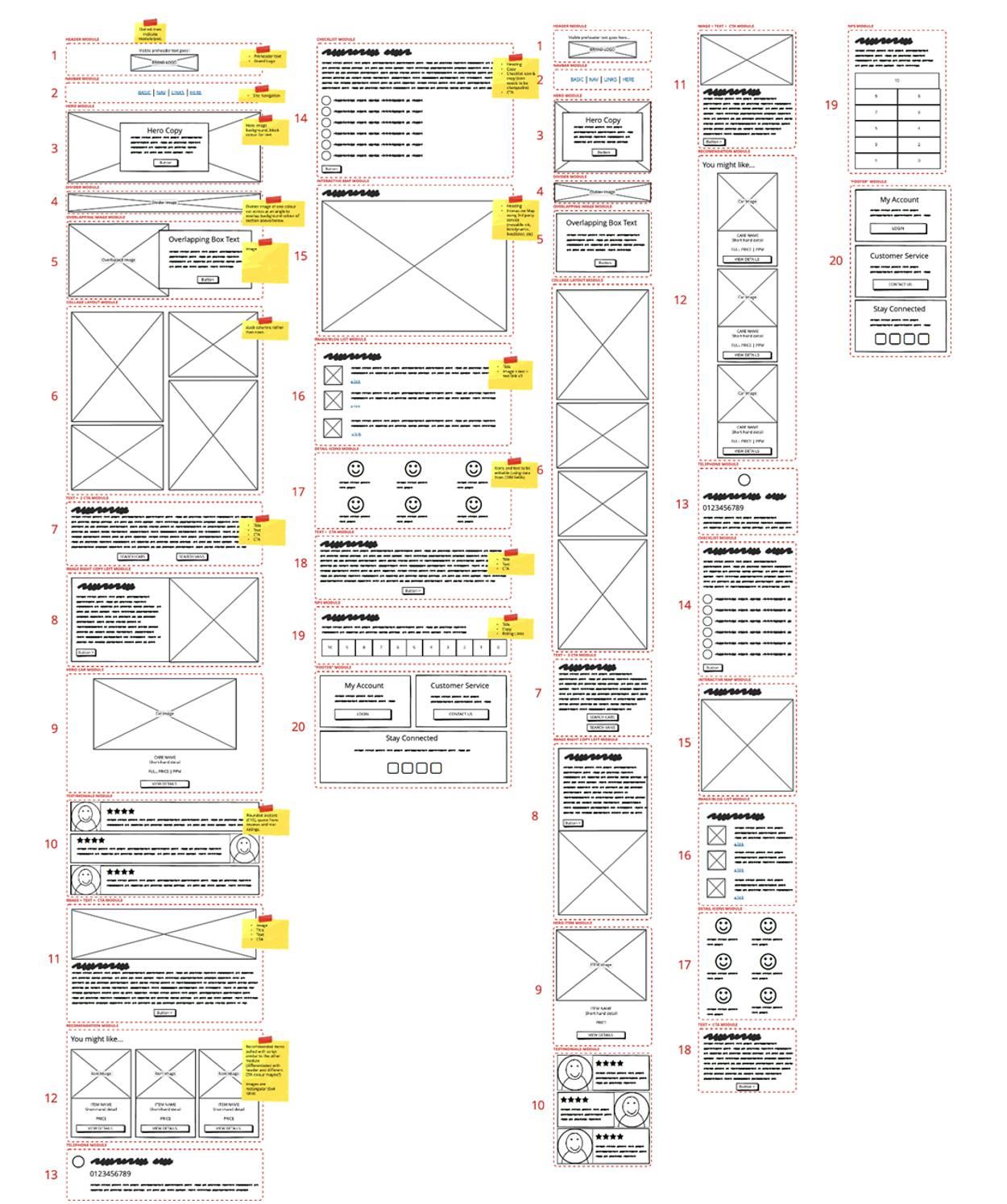 Example of a master template wireframe for both desktop and mobile with 20 modules