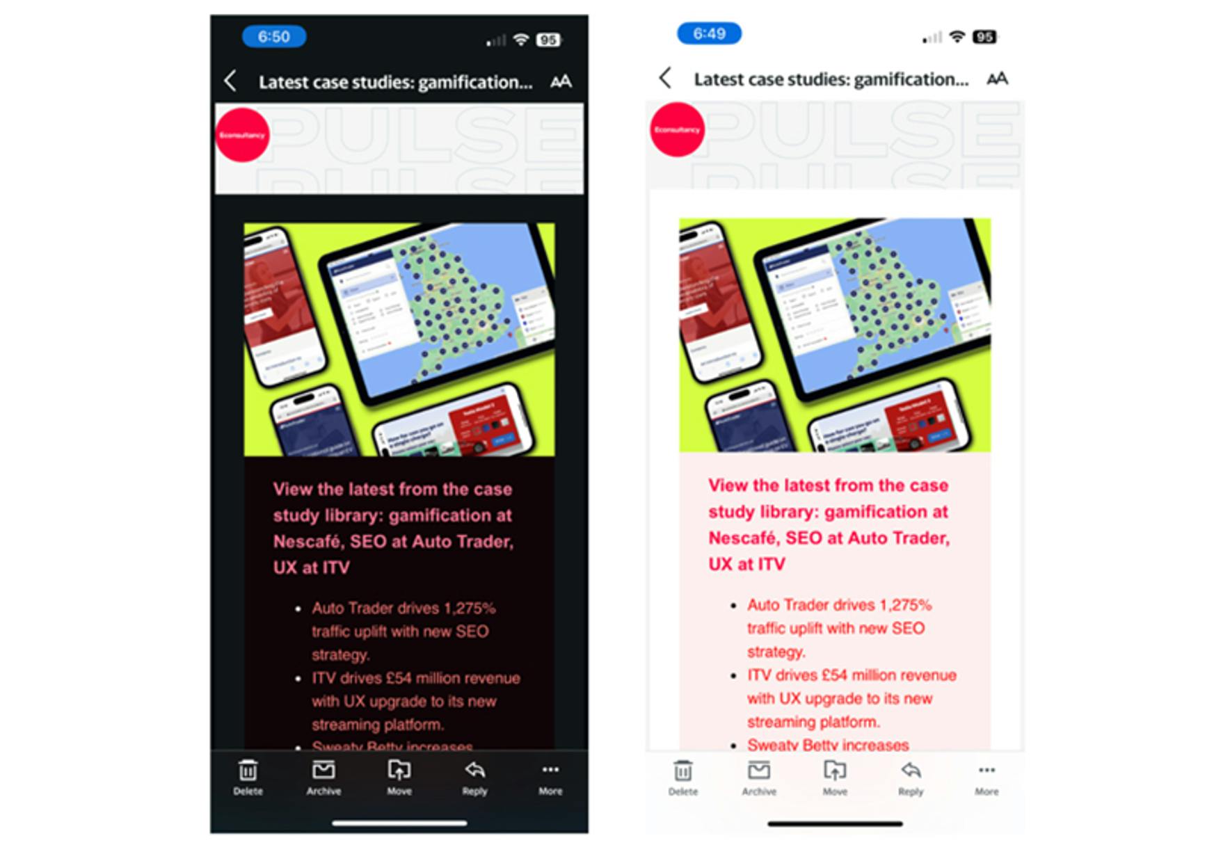 Newsletter displayed in dark mode versus light mode on an iPhone