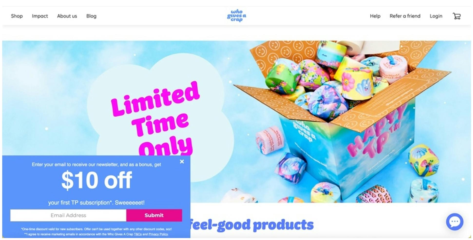 An example of a bottom placement for an opt-in popover from the Who Gives a Crap website