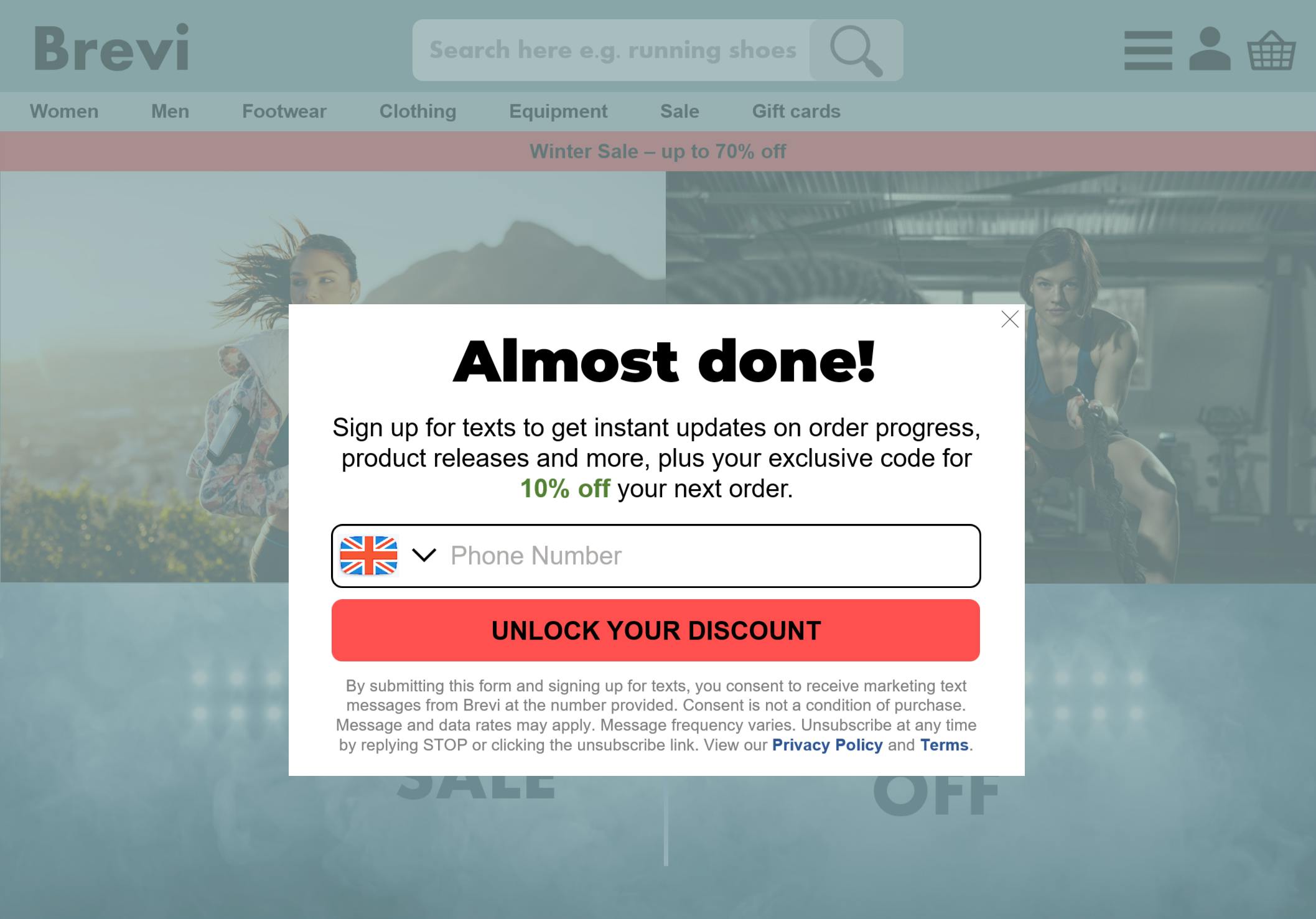A second popover that is a continuation of the first one. This popover asks for the visitor's mobile number for SMS messages.