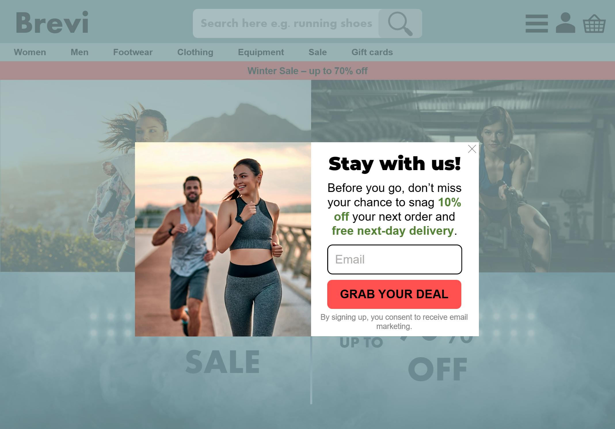 An example of an exit-intent popover that launches when the page detects movement to close the page without opting in.