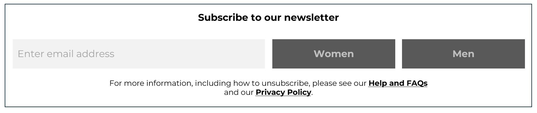An example of the first step in a progressive profiling form. As well as providing an email address, customers are asked to select which clothing line they would like to receive communications about.