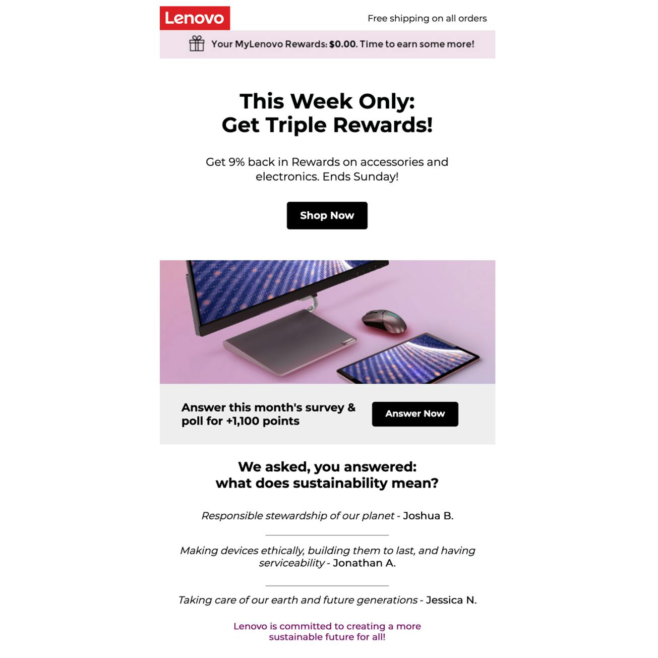 An example of an invitation to complete a poll for email subscribers, from Lenovo