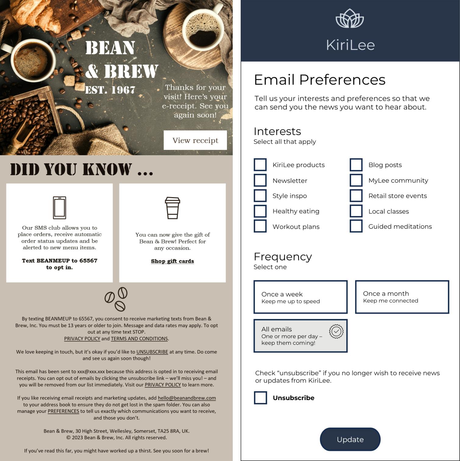 An example of a preference centre link in a footer and a preference centre