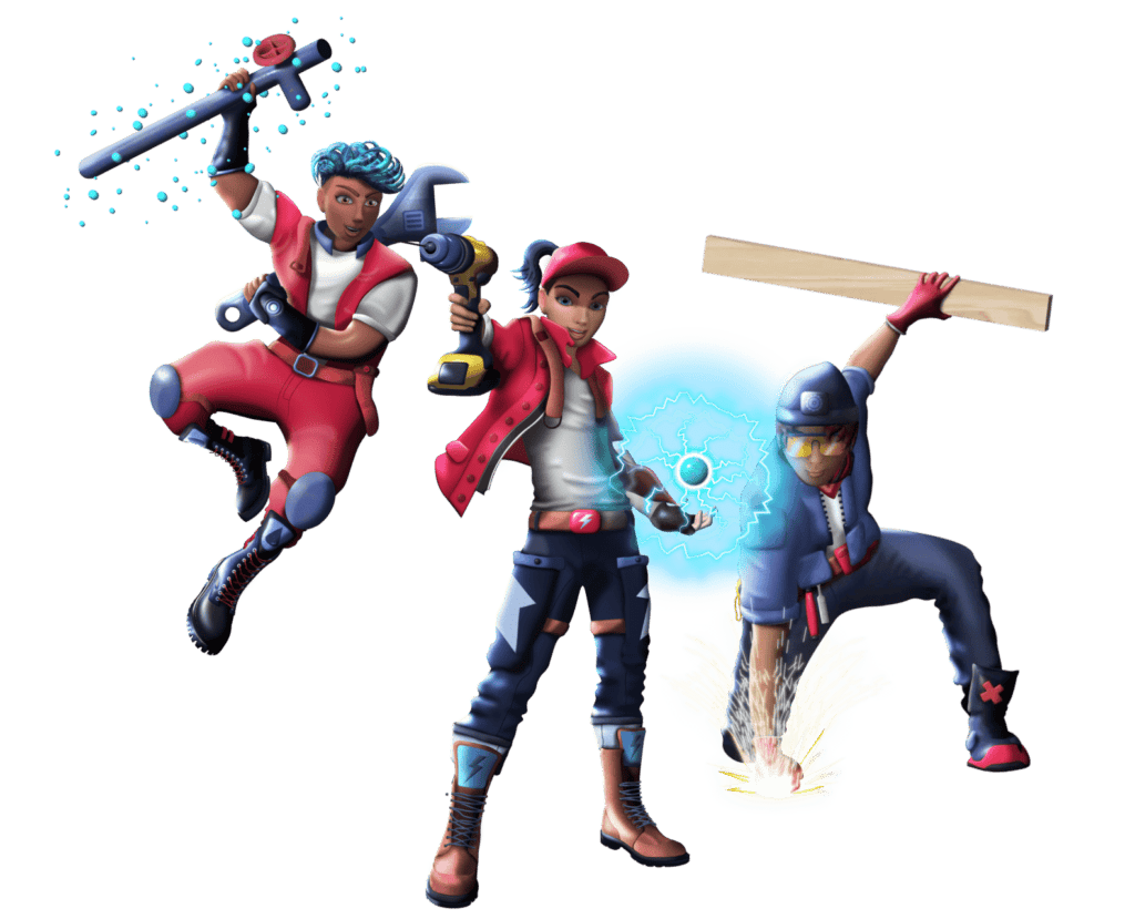 Three game play characters with trade tools