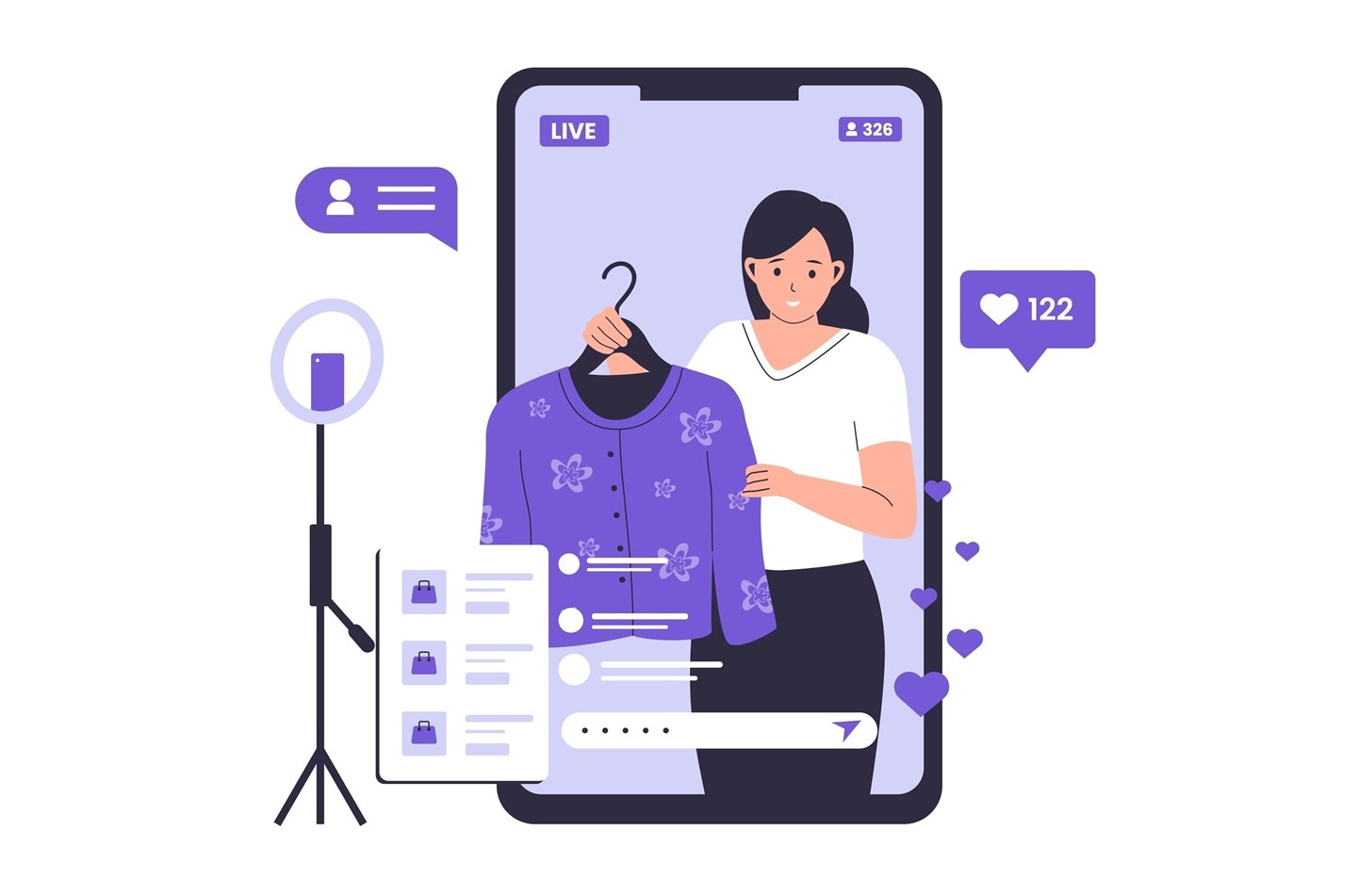 Vector graphic showing a person livestreaming while presenting a clothing item on a hanger, with comment bubbles and likes surrounding the smartphone screen.