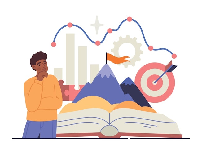 Data storytelling concept image with a mountain on top of a book with data visualisation icons.